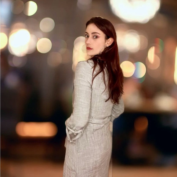 Max Studio London Light Grey Crinkled Belted Double Breasted Duster Dress Size M - Picture 2 of 12